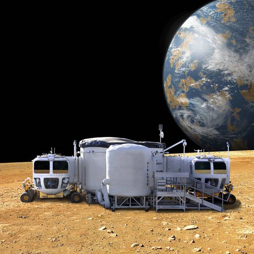 Die Vorstellung eines Künstlers von einer Mondkolonie. Im Hintergrund sieht man - aus der Ferne - den Planeten Erde.